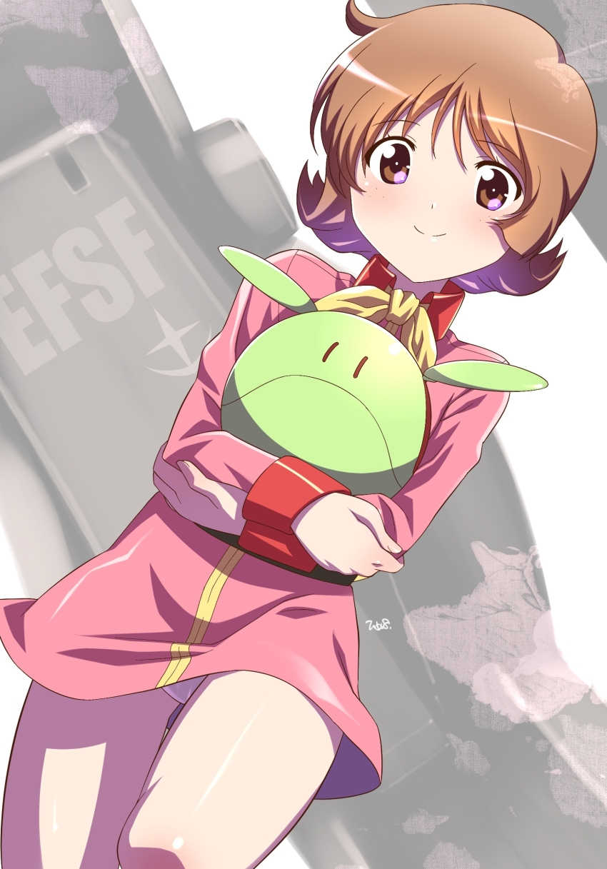 1girl brown_eyes brown_hair closed_mouth dress fraw_bow freckles gundam haro highres himehachi_(hime8manga) long_sleeves looking_at_viewer mobile_suit_gundam neckerchief non-humanoid_robot panties pantyshot pink_dress red_sleeve_cuffs robot short_dress short_hair sleeve_cuffs smile solo split_mouth underwear white_panties yellow_neckerchief
