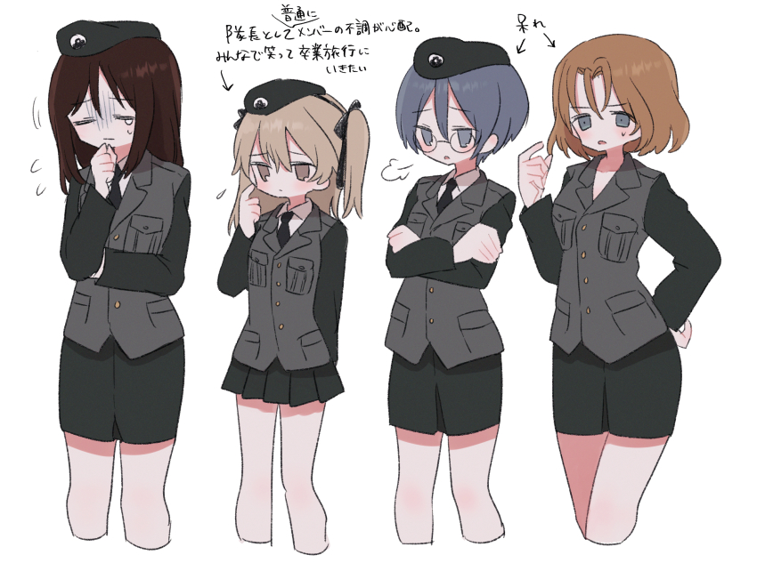 4girls arm_behind_back azumi_(girls_und_panzer) beret black_hair black_hat black_jacket black_necktie black_ribbon black_skirt blue_eyes brown_hair closed_mouth commentary cropped_legs crossed_arms dress_shirt emblem finger_to_face flying_sweatdrops frown girls_und_panzer glasses gloom_(expression) grey_eyes grey_hair hair_ribbon hand_on_own_chin hand_on_own_elbow hand_on_own_hip hat highres jacket japanese_tankery_league_(emblem) long_hair long_sleeves medium_hair megumi_(girls_und_panzer) military_hat military_uniform miniskirt multiple_girls necktie one_side_up parted_bangs pencil_skirt pleated_skirt puff_of_air ri_(qrcode) ribbon rimless_eyewear rumi_(girls_und_panzer) selection_university_military_uniform shimada_arisu shirt sigh skirt sweatdrop swept_bangs tearing_up tears translated white_shirt