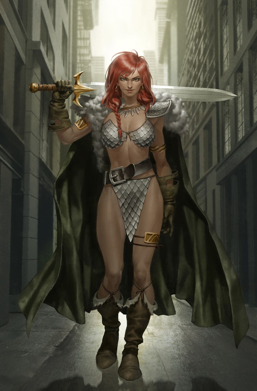 1girl armor belt bikini_armor black_belt boots braid braided_ponytail brown_boots brown_gloves cape city earrings fur-trimmed_cape fur_trim gloves green_cape grey_eyes highres holding holding_sword holding_weapon hoop_earrings jewelry long_hair looking_at_viewer outdoors over_shoulder pauldrons red_hair red_sonja red_sonja_(comics) shoulder_armor single_pauldron solo sword weapon weapon_over_shoulder yoon_junggeun