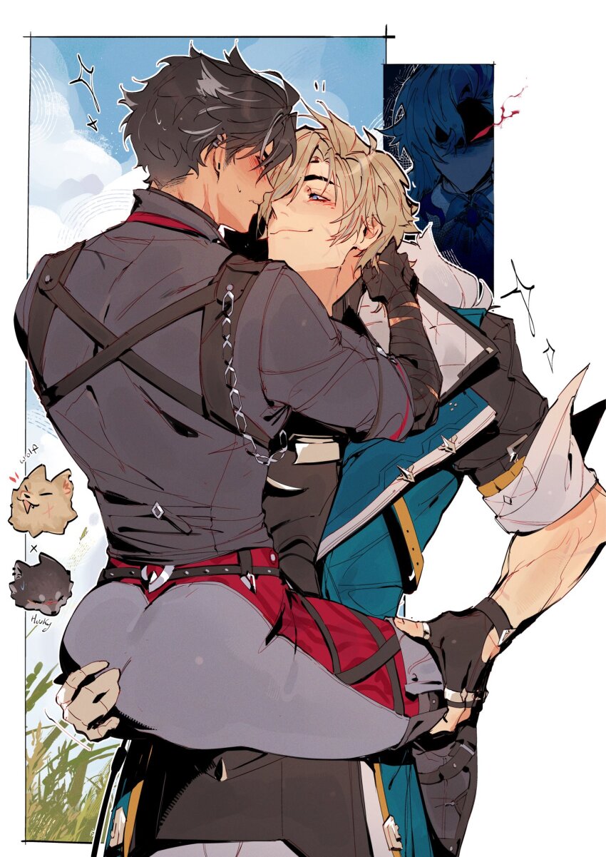 3boys angry ass black_gloves black_hair blonde_hair blue_eyes blush carrying carrying_person closed_mouth commentary ear_piercing earrings embarrassed english_commentary fingerless_gloves genshin_impact gloves grey_hair grey_pants hand_on_another&#039;s_ass highres jewelry jv0202021 looking_at_another male_focus mismatched_eyebrows multiple_boys neuvillette_(genshin_impact) pants piercing short_hair varka_(genshin_impact) wriothesley_(genshin_impact) yaoi