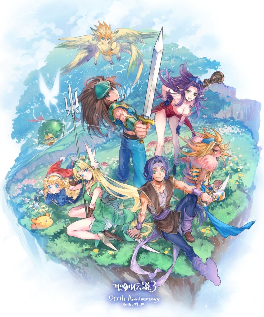 2015 3boys 3girls :d angela_(seiken_densetsu_3) anniversary armor blonde_hair blue_eyes blue_hat bracer breasts brown_eyes brown_gloves brown_hair charlotte_(seiken_densetsu_3) cleavage commentary_request copyright_name dated dress dual_wielding duran_(seiken_densetsu_3) faerie_(seiken_densetsu_3) fairy flail flammie frown fur-trimmed_shirt fur_trim gloves grass green_dress green_eyes hairband hand_on_own_hip hat hawkeye_(seiken_densetsu_3) helmet highres holding holding_knife holding_polearm holding_spear holding_staff holding_sword holding_weapon kevin_(seiken_densetsu_3) knife leaning_forward leotard long_hair looking_at_viewer lying medium_breasts multiple_boys multiple_girls mushroom on_stomach open_mouth p-nekor pauldrons pointy_ears polearm purple_gloves purple_hair rabite_(seiken_densetsu) red_hat red_leotard riesz seiken_densetsu seiken_densetsu_3 shirt short_dress shoulder_armor sitting smile spear spiked_hair square_enix staff strapless strapless_leotard sword turtle vest vuscav wariza weapon winged_hairband
