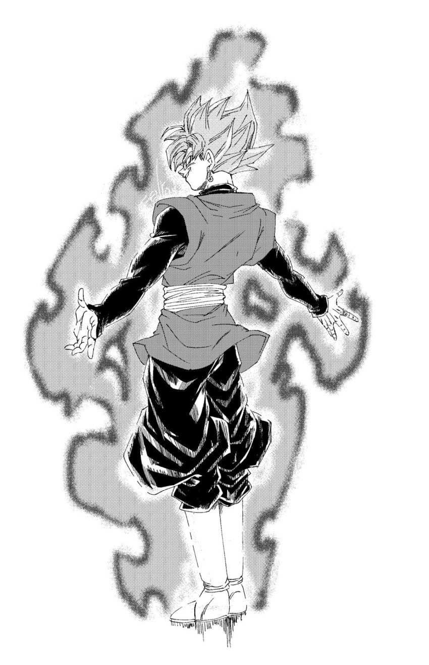1boy artist_name aura dougi dragon_ball dragon_ball_super earrings fenyon from_behind full_body goku_black greyscale halftone highres jewelry looking_at_viewer looking_back monochrome pants potara_earrings shirt single_earring smirk solo spiked_hair tunic