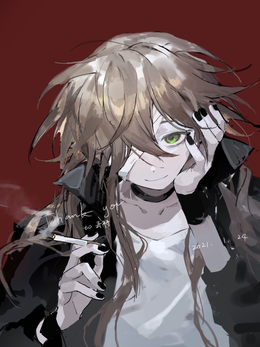 1girl bandage_over_one_eye black_choker black_jacket black_nails brown_hair chinese_commentary choker cigarette closed_mouth commentary_request dated english_text green_eyes head_rest highres holding holding_cigarette jacket long_hair long_sleeves open_clothes open_jacket original red_background shirt simple_background smile smoke solo thank_you upper_body vihua6 white_shirt wristband