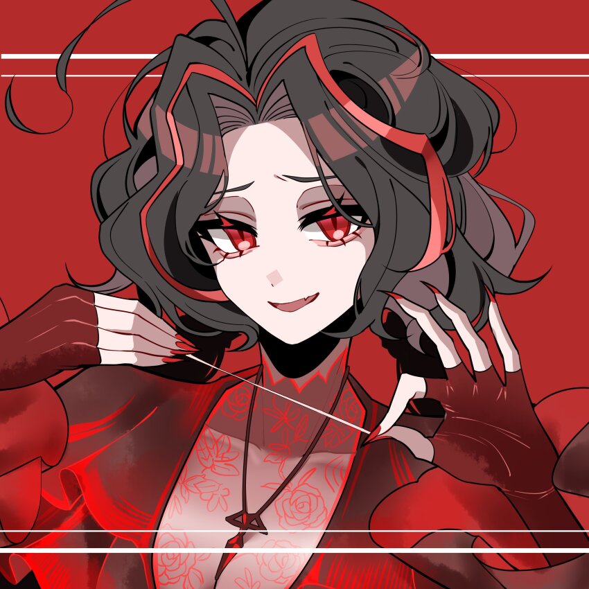 1girl absurdres ahoge black_hair breasts cleavage dress drill_hair eyeshadow grey_eyeshadow highres jewelry limbus_company long_hair looking_at_viewer makeup multicolored_hair necklace nicolina_(project_moon) open_mouth parted_bangs project_moon red_background red_dress red_eyes red_hair red_nails red_streaks simple_background smile solo streaked_hair tachibana_limbu twin_drills twintails upper_body