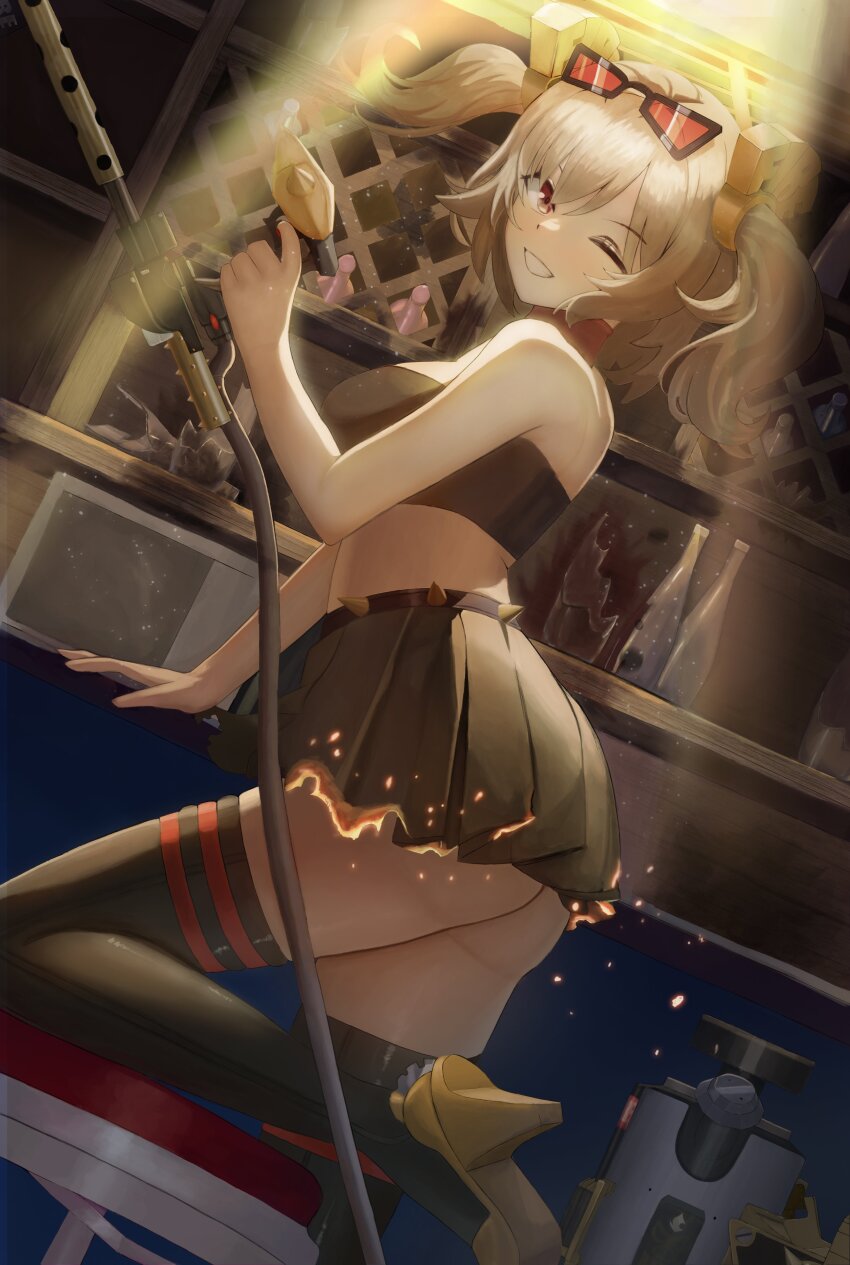 1girl ;) absurdres bar_(place) black_boots black_skirt black_tube_top blonde_hair boots breasts burnice_white burnt_clothes commentary_request eyewear_on_head flamethrower high_heel_boots high_heels highres holding holding_flamethrower holding_weapon indoors korean_commentary large_breasts le_b2772 miniskirt one_eye_closed red_eyes short_hair skirt smile solo strapless sunglasses thigh_boots thighs tube_top twintails weapon zenless_zone_zero