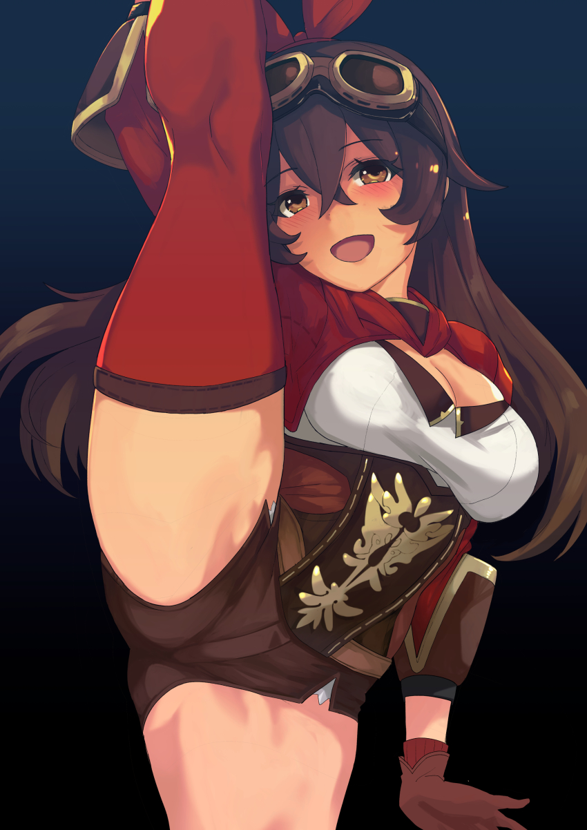 1girl absurdres amber_(genshin_impact) belt black_background blush breasts brown_eyes brown_hair brown_shorts cleavage cropped_jacket crossed_bangs genshin_impact gloves goggles goggles_on_head gradient_background hair_between_eyes hair_ribbon half-closed_eyes highres jacket large_breasts leg_hold leg_lift leg_up long_hair looking_at_viewer red_gloves red_jacket red_ribbon red_thighhighs ribbon saruanu short_shorts shorts shrug_(clothing) smile split standing standing_on_one_leg standing_split thighhighs thighs