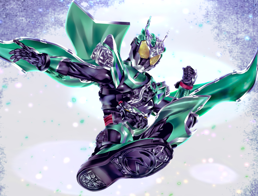 1boy armor belt black_bodysuit bodysuit cape compound_eyes drive_driver rider_belt finishing_move flying_kick full_body green_armor green_cape helmet highres kamen_rider kamen_rider_brain kamen_rider_drive_(series) kicking kuzurx male_focus rider_belt rider_kick solo tokusatsu