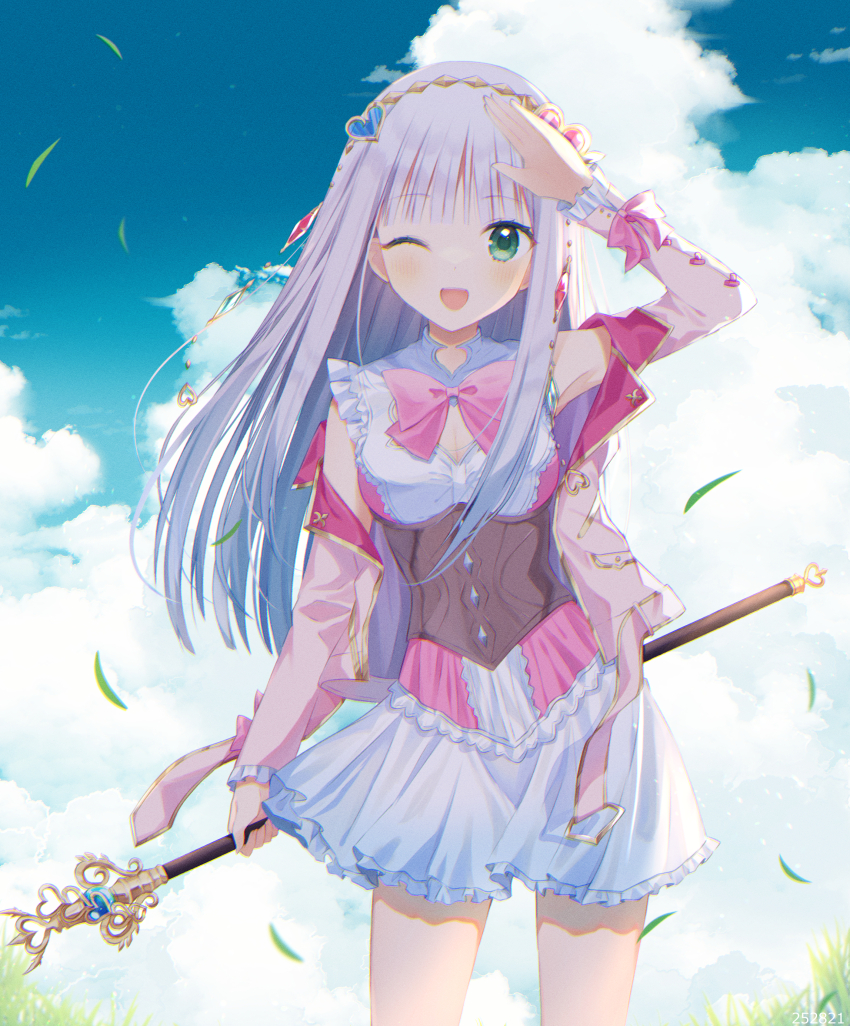 1girl ;d absurdres aiyan arm_up atelier_(series) atelier_lulua backlighting blue_sky bow bowtie breasts cleavage cloud cowboy_shot day elmerulia_frixell green_eyes grey_hair hair_ornament hairband heart heart_hair_ornament highres holding holding_staff jacket leaf long_hair long_sleeves looking_at_viewer one_eye_closed open_clothes open_jacket open_mouth outdoors pink_bow pink_bowtie pink_jacket pink_shirt shirt skirt sky smile solo staff standing white_skirt wind