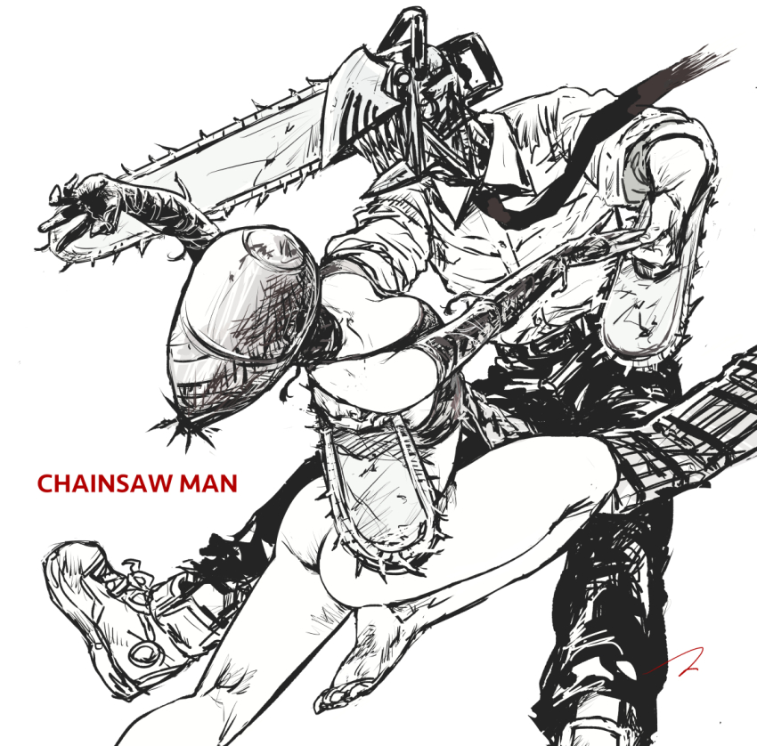 1boy 1girl apron ass bare_legs barefoot black_apron black_gloves black_necktie black_pants bomb bomb_devil_(chainsaw_man) bottomless chainsaw chainsaw_man collared_shirt commentary copyright_name denji_(chainsaw_man) elbow_gloves explosive gloves handle lineart matahei mechanical_head monochrome necktie pants reze_(chainsaw_man) sharp_teeth shirt shoes simple_background sneakers teeth