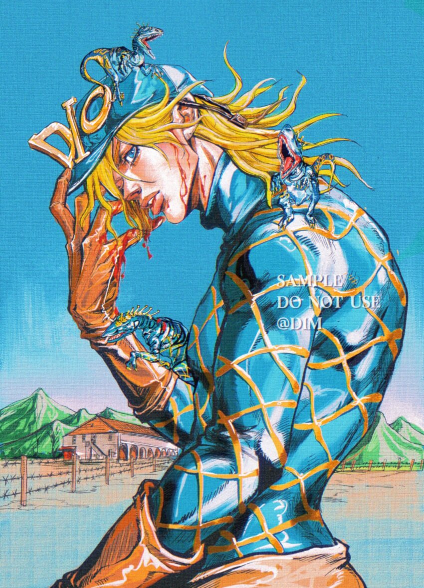 1boy araki_hirohiko_(style) argyle_clothes argyle_sweater blonde_hair blood blood_on_clothes blood_on_face blue_eyes blue_helmet blue_sweater brown_gloves brown_pants diego_brando dim_7976 dinosaur gloves helmet highres jojo_no_kimyou_na_bouken long_hair mountainous_horizon pants scary_monsters_(stand) steel_ball_run sweater yellow_sweater