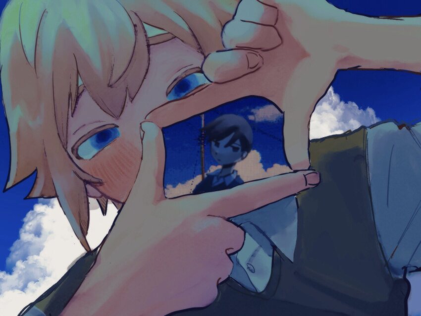 2boys basil_(faraway)_(omori) basil_(omori) black_eyes black_hair blonde_hair blue_eyes blue_sky blush closed_mouth cloud collared_shirt day green_sweater_vest highres male_focus multiple_boys omori outdoors shirt short_sleeves sky sunny_(omori) sweater_vest tate_ware_anal white_shirt