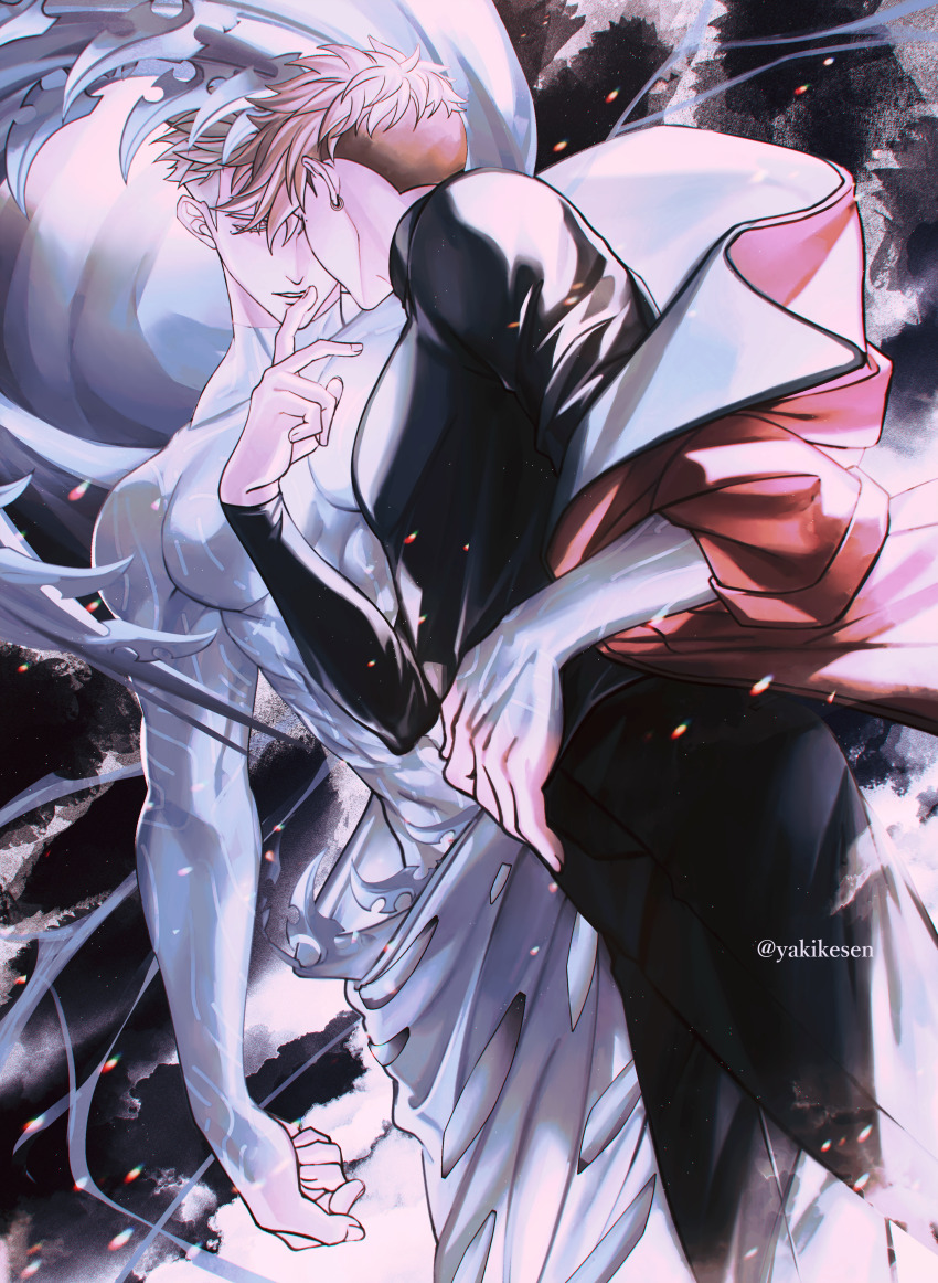 2boys absurdres black_pants black_shirt brothers closed_eyes highres imminent_kiss jacket light_particles long_sleeves male_focus millions_knives multiple_boys pants pectorals red_jacket shirt short_hair siblings topless_male trigun trigun_stampede undercut vash_the_stampede yakikesen yaoi