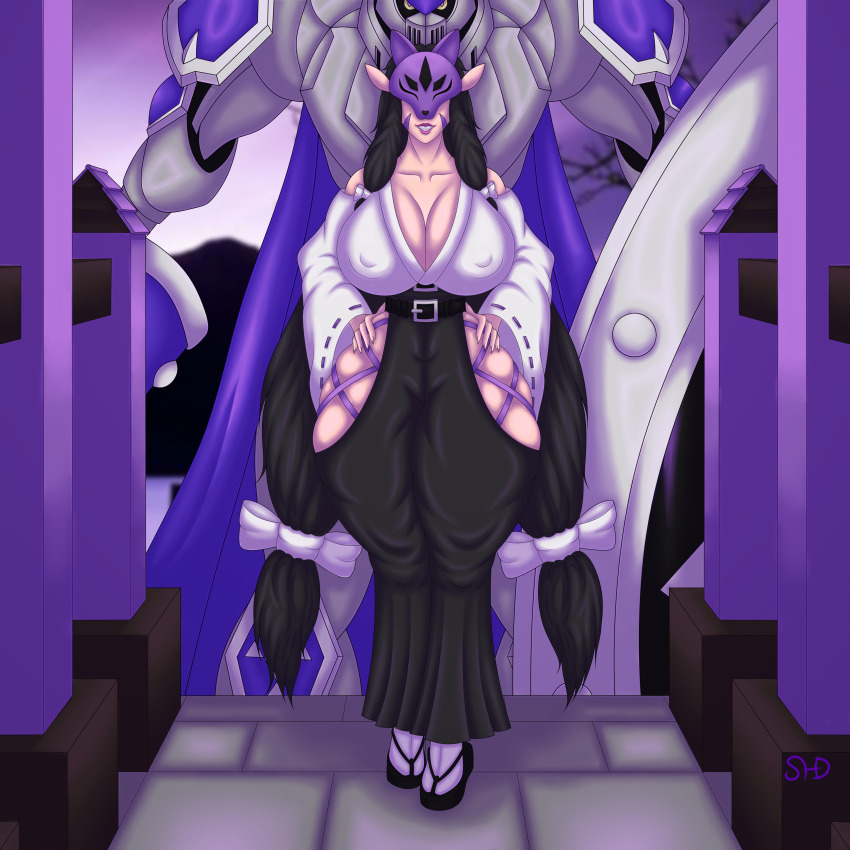 absurdres chaosdukemon digimon digimon_(creature) fox_mask highres japanese_clothes kuzuhamon kuzuhamon_miko_mode lipstick long_hair makeup mask miko