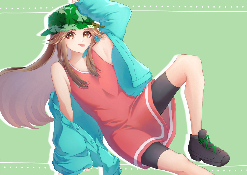 1girl absurdres arm_up bike_shorts brown_eyes brown_hair buttons commentary_request dress eyelashes green_background green_hat green_jacket hat highres jacket leaf_(pokemon) leaf_(sygna_suit)_(pokemon) long_hair long_sleeves looking_at_viewer nintendo official_alternate_costume open_clothes open_jacket pink_dress pokemon pokemon_masters_ex shoes sidelocks sleeveless sleeveless_dress sleeves_past_wrists solo tongue tongue_out yuha_(donkarasu03)