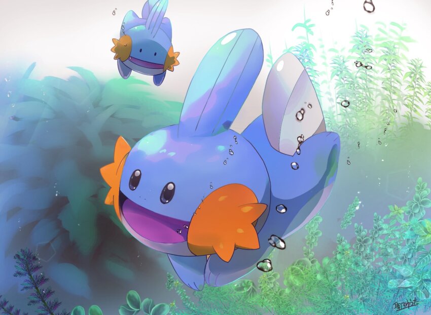 air_bubble animal_focus bright_pupils bubble full_body gen_3_pokemon happy hijirino_yuuta light_particles looking_ahead mudkip nintendo no_humans nostrils open_mouth pokemon pokemon_(creature) seaweed signature solid_oval_eyes swimming white_pupils