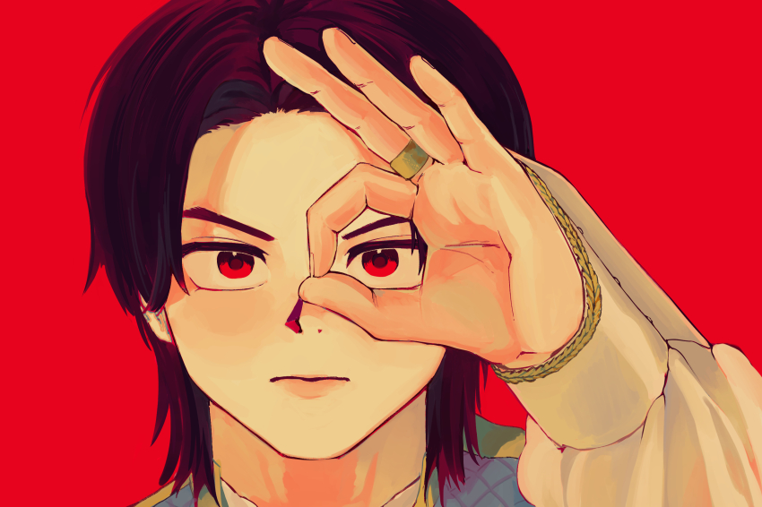 1boy 2025 20s adk-em bandai bandai_namco brown_hair close-up highres jewelry looking_at_viewer male_focus medium_hair miong_(kisa507) no.1_sentai_gozyuger red_background red_eyes ring sentairing sentairing:_tegasword_red simple_background solo super_sentai toei_company tokusatsu toono_hoeru tv_asahi