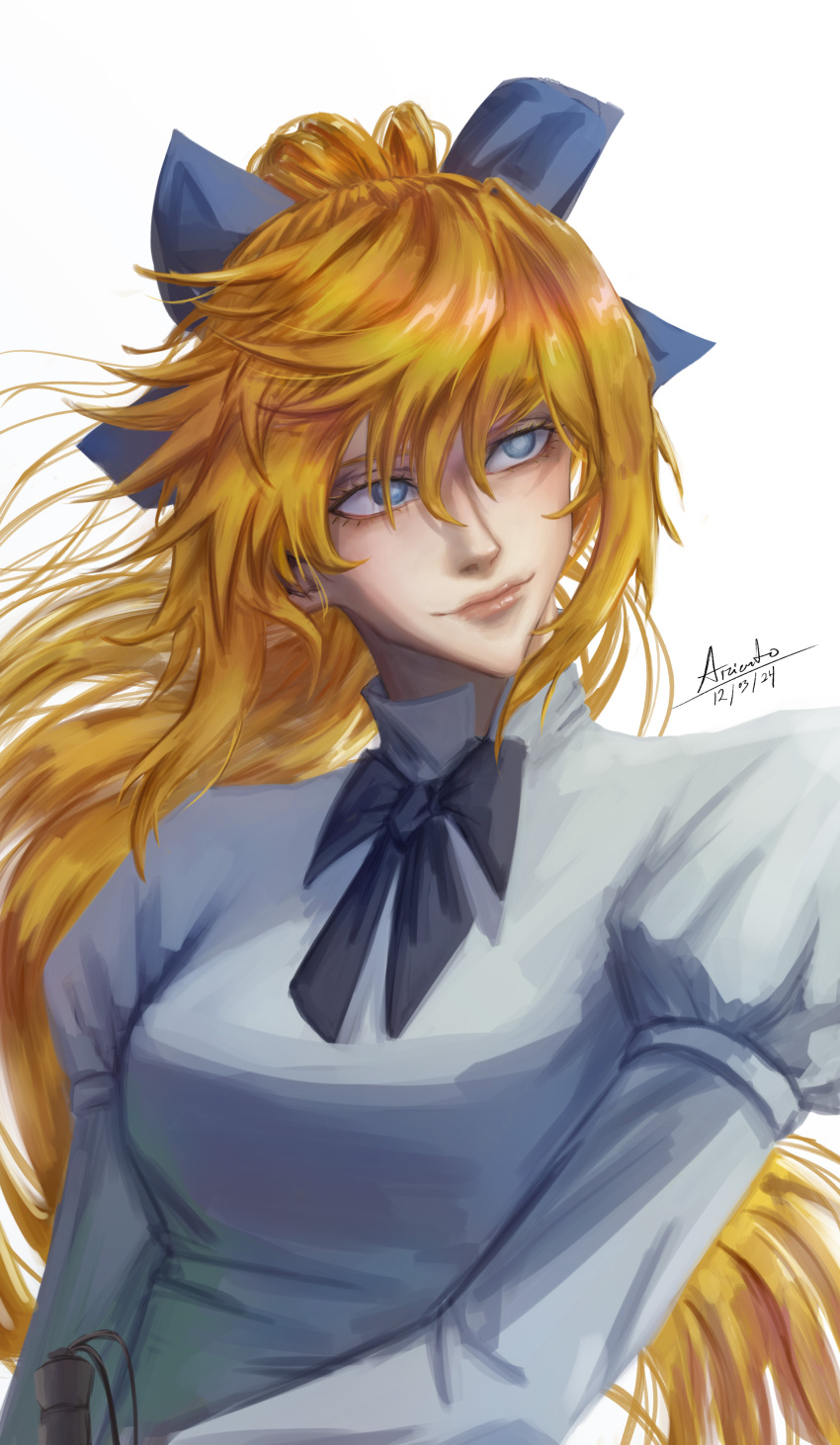 1girl absurdres artist_name black_bow blonde_hair blue_bow blue_eyes bow bowtie breasts cane dated facing_viewer hair_bow hair_ribbon highres holding holding_cane juliet_sleeves katawa_shoujo long_hair long_sleeves looking_to_the_side medium_breasts puffy_sleeves ribbon satou_lilly school_uniform shirt simple_background solo upper_body very_long_hair white_shirt yamaku_high_school_uniform