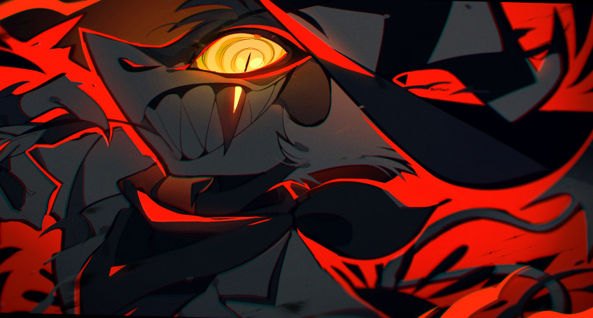 1boy ama0805 cowboy_hat demon_boy demon_horns demon_tail evil_grin evil_smile grin hat helluva_boss highres horns looking_at_viewer male_focus red_scarf red_theme ringed_eyes scarf sharp_teeth smile solo striker_(helluva_boss) tail teeth yellow_eyes