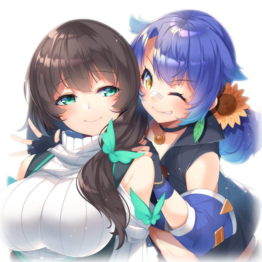 2girls bandaid bandaid_on_face bandaid_on_nose blue_hair breasts brown_hair choker clothing_cutout detached_sleeves entum fingerless_gloves flower gloves green_eyes hair_flaps hair_flower hair_ornament hanano_mitsu highres kokka_han large_breasts long_hair looking_at_another minamori_hero multiple_girls one_eye_closed shoulder_cutout sunflower sunflower_hair_ornament upper_body virtual_youtuber white_background yellow_eyes