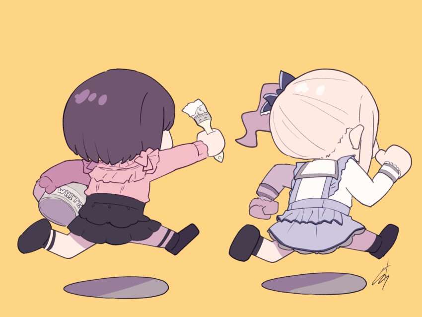 1girl 1other akiyama_mizuki belt black_belt black_boots black_bow black_skirt blonde_hair blue_skirt boots bow brown_hair can chasing chibi clenched_hand clenched_hands collared_shirt commentary_request floating_hair frilled_shirt frilled_skirt frilled_sleeves frilled_suspenders frills from_behind hair_bow high-waist_skirt holding holding_can holding_paintbrush leg_belt long_hair long_sleeves maonokiuro medium_hair miniskirt paint paint_can paintbrush pink_shirt project_sekai ribbon-trimmed_shirt ribbon_trim running shadow shinonome_ena shirt side_ponytail signature simple_background skirt suspender_skirt suspenders white_shirt yellow_background