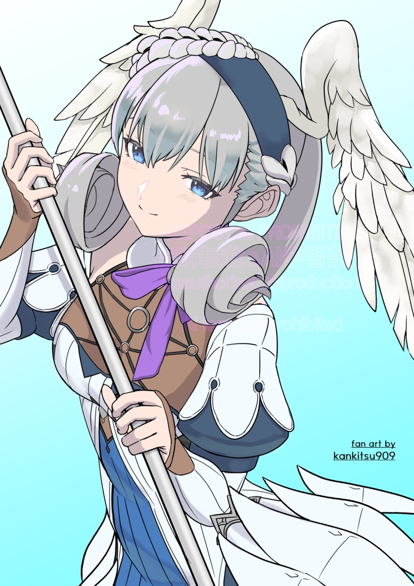 1girl artist_name blue_background blue_eyes breasts closed_mouth commentary_request curly_hair dress gradient_background grey_hair head_wings highres holding holding_staff karian909 long_hair medium_breasts melia_antiqua smile solo staff standing wings xenoblade_chronicles:_future_connected xenoblade_chronicles_(series) xenoblade_chronicles_1