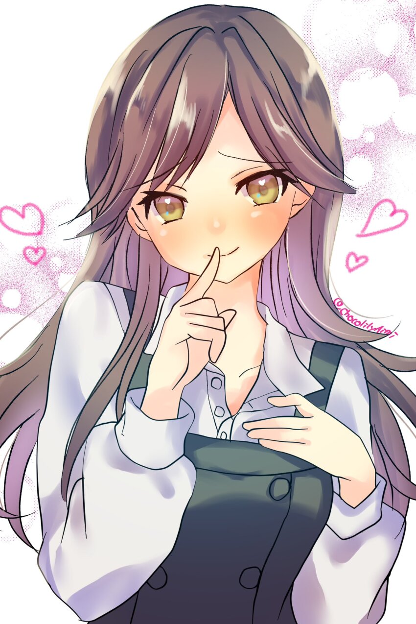 1girl aimyun arashio_(kancolle) arashio_kai_ni_(kancolle) black_dress blush breasts brown_eyes brown_hair dress gradient_background hand_on_own_chest heart highres kantai_collection long_hair long_sleeves looking_at_viewer pantyhose pinafore_dress school_uniform shirt sleeveless sleeveless_dress small_breasts smile upper_body white_shirt