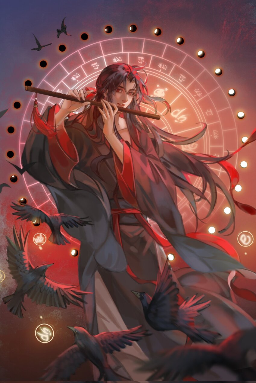 1boy ahoge bird black_bird black_hair black_hanfu blurry blurry_foreground chenqing_flute chinese_clothes crow dizi floating_hair flute flute_tassel hair_down hair_ribbon half_updo hands_up hanfu highres holding holding_flute holding_instrument instrument long_hair long_sleeves looking_at_viewer magic_circle male_focus modao_zushi music official_alternate_hairstyle parted_lips playing_flute playing_instrument red_eyes red_ribbon red_sash ribbon robe sash sidelocks smile solo standing tassel transverse_flute wei_wuxian wei_wuxian_(yiling_laozu) wide_sleeves ymggklk0810