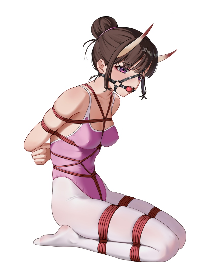 1girl absurdres alternate_costume alternate_hairstyle athletic_leotard azur_lane ball_gag bare_shoulders bdsm blush bondage bound bound_arms bound_legs breasts brown_hair collarbone covered_navel full_body gag gagged hair_bun highres horns jiang_qian_xiao kneeling leotard noshiro_(azur_lane) pantyhose pink_leotard purple_eyes shibari shibari_over_clothes simple_background single_hair_bun skin-covered_horns solo white_background white_pantyhose