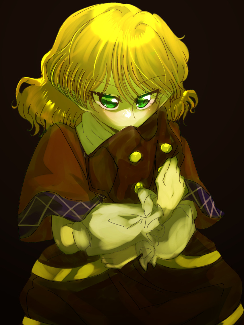 1girl arm_warmers black_background blonde_hair blush brown_dress brown_shirt buttons closed_mouth commentary_request dress green_eyes highres hugging_clothes kurodani_yamame looking_at_viewer mizuhashi_parsee pointy_ears scarf shippuu_jinnari shirt short_hair short_sleeves simple_background solo touhou upper_body white_scarf