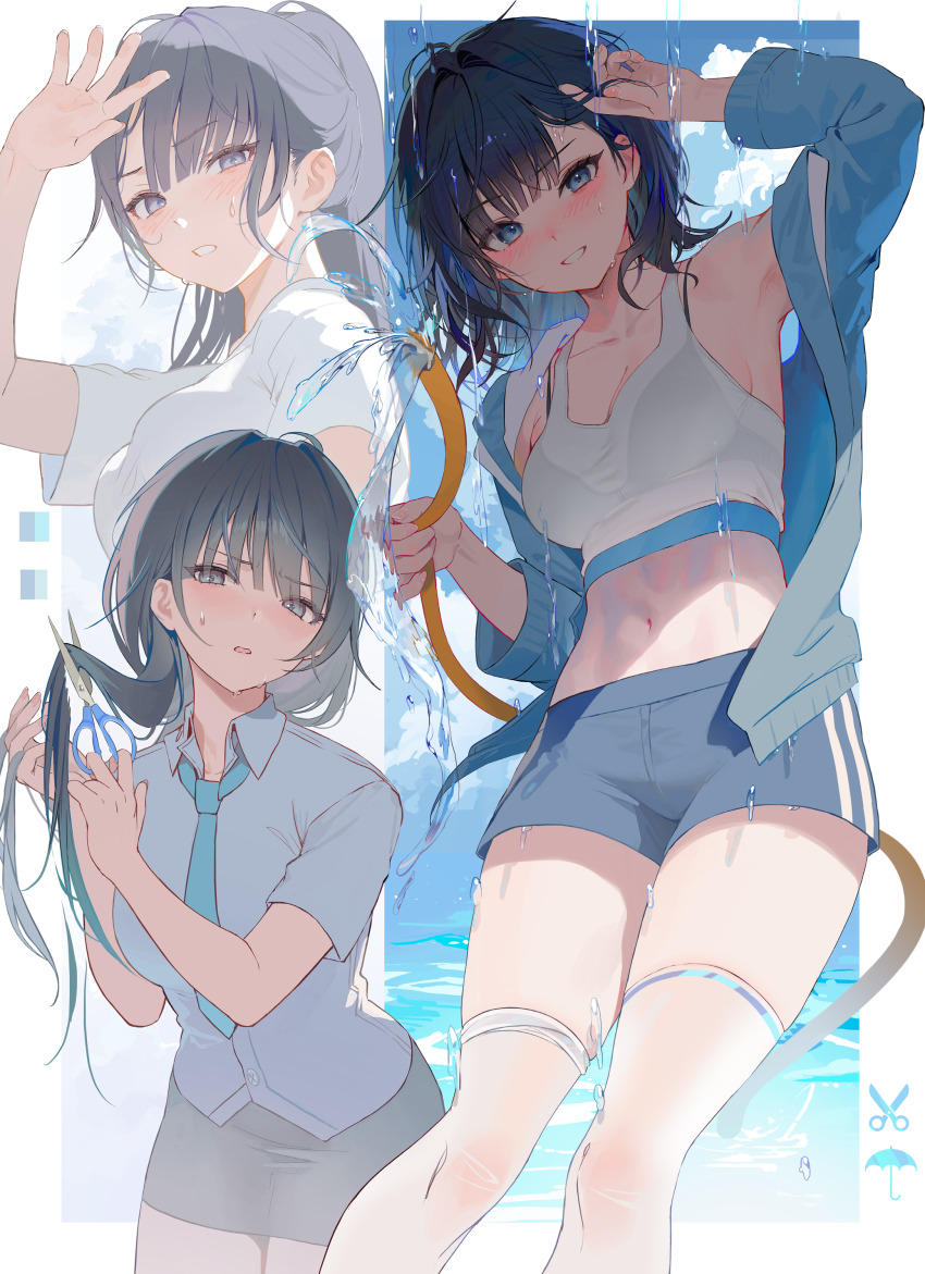 1girl absurdres black_hair blue_buruma blush breasts buruma cutting_hair highres holding holding_hose hose looking_at_viewer medium_breasts myabit original school_uniform scissors shirt sports_bra thighhighs wet white_shirt white_sports_bra white_thighhighs
