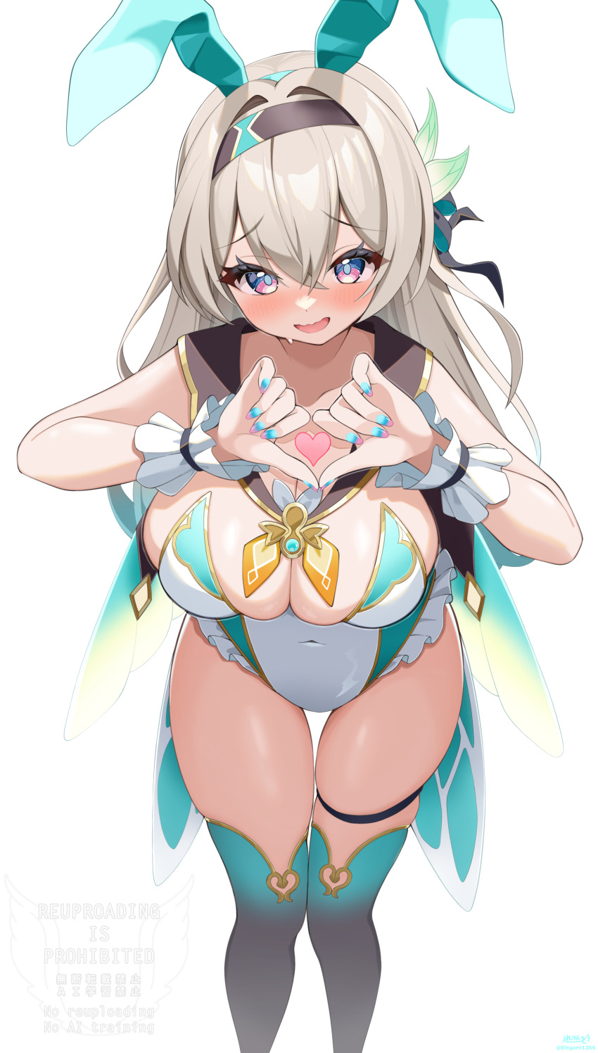 1girl absurdres alternate_costume animal_ears aqua_nails aqua_thighhighs black_hairband blush breasts cleavage collarbone commentary_request covered_navel elegant_(sumisumi4268) fake_animal_ears fingernails firefly_(honkai:_star_rail) foreshortening frilled_wrist_cuffs frills grey_hair hair_between_eyes hair_intakes hairband hands_up heart heart_hands highres honkai:_star_rail honkai_(series) large_breasts leaning_forward leotard long_hair looking_at_viewer nail_polish open_mouth playboy_bunny purple_eyes rabbit_ears solo thigh_gap thighhighs very_long_hair watermark white_background white_leotard white_wrist_cuffs wrist_cuffs
