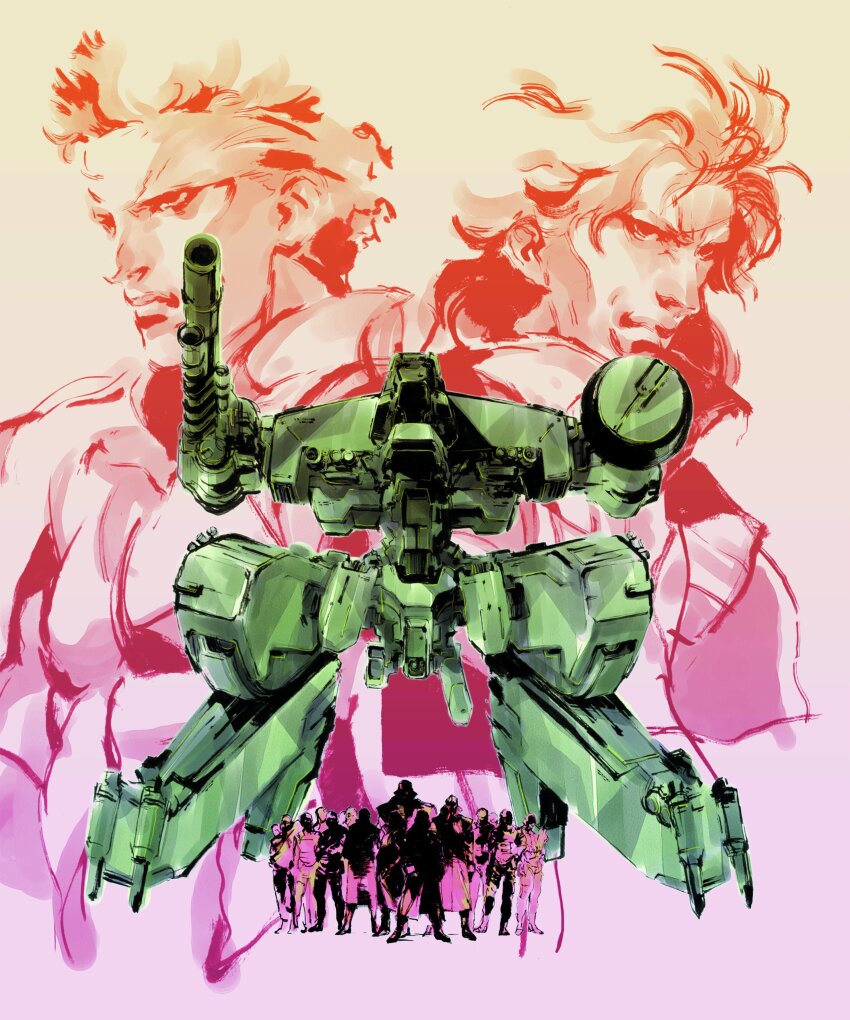 2boys absurdres bandana headband highres jacket liquid_snake long_hair male_focus mecha metal_gear_(robot) metal_gear_(series) metal_gear_rex metal_gear_solid multiple_boys official_art people railgun robot scan shinkawa_youji sneaking_suit solid_snake tank_top