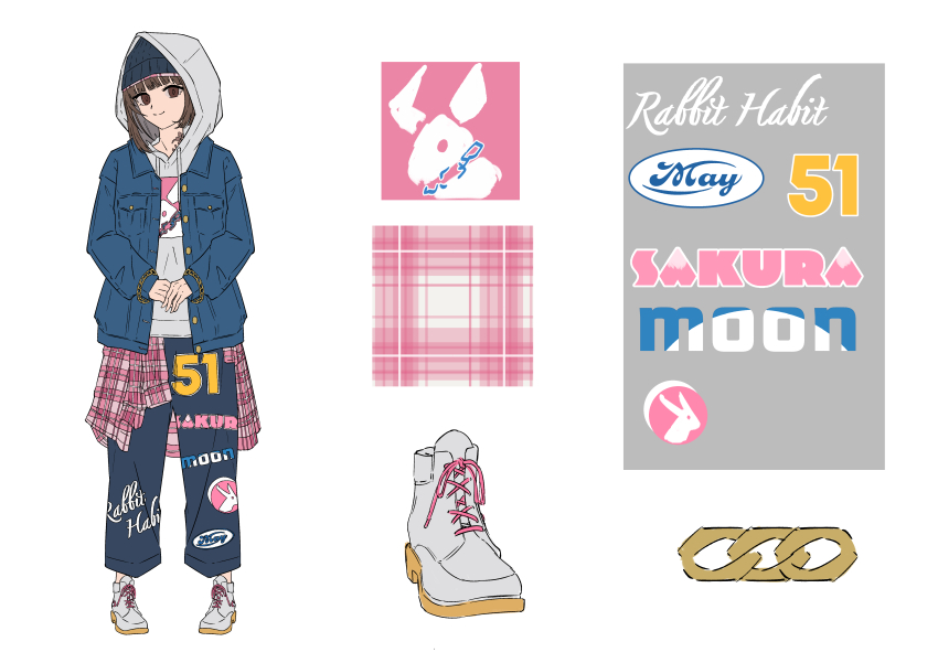 1girl 8_mile_(film) absurdres alternate_costume animal_print beanie blue_jacket blue_pants breast_pocket brown_eyes brown_hair clothes_around_waist clothes_writing commentary_request denim denim_jacket full_body grey_hat hat highres hood hood_up hoodie jacket long_sleeves looking_at_viewer natsugu72 open_clothes open_jacket own_hands_together pants pants_under_skirt pink_shirt plaid_clothes plaid_shirt pocket print_pants print_shirt rabbit_print reference_sheet reverse:1999 satsuki_(reverse:1999) shirt shoes short_hair smile sneakers solo standing white_background white_shirt white_shoes wrist_chain
