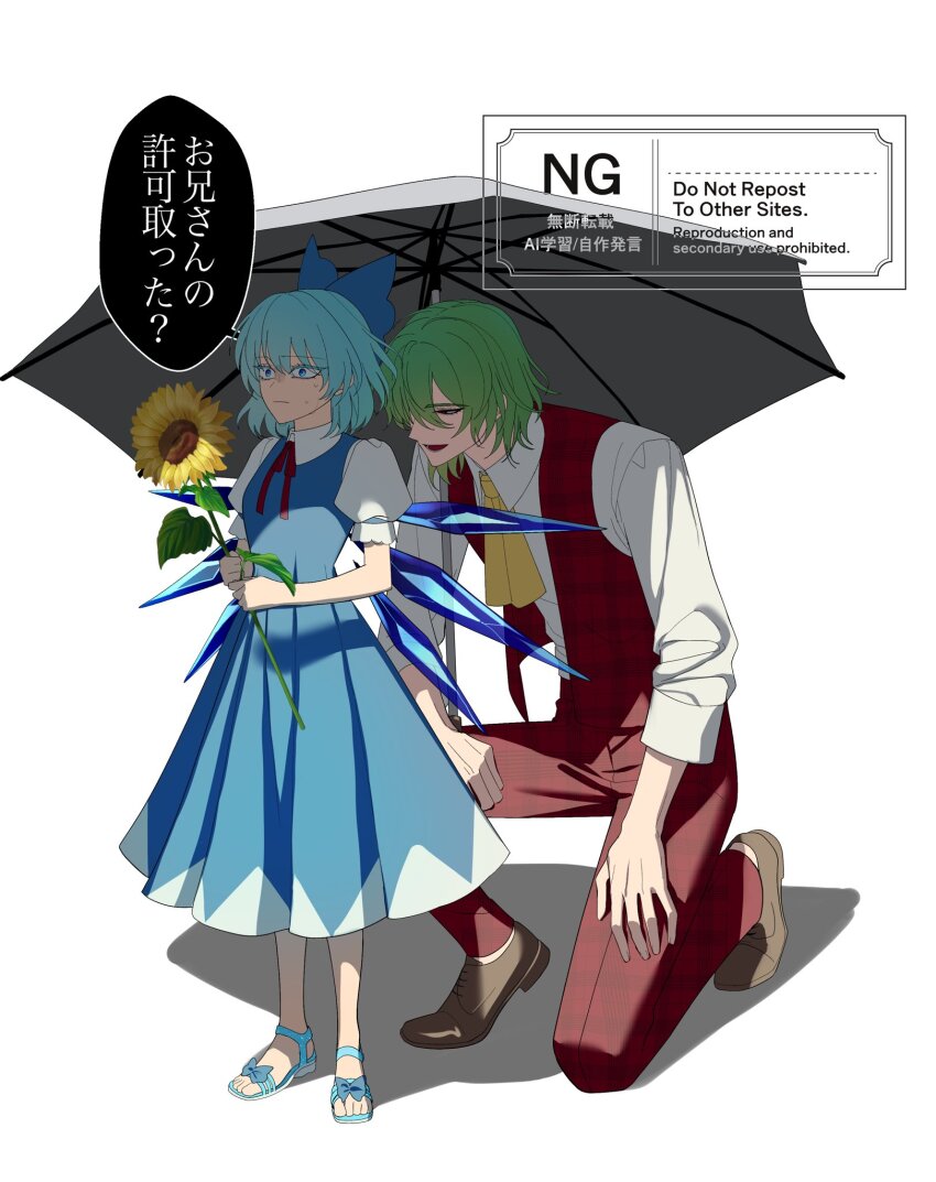 blue_bow blue_dress blue_eyes blue_hair blue_sandals bow brown_shoes cirno closed_mouth dress expressionless fairy flower from_behind genderswap genderswap_(ftm) green_hair highres holding holding_umbrella ice ice_wings kazami_yuuka long_sleeves medium_hair neckerchief nubezon open_mouth pants plaid_clothes plaid_pants plaid_vest red_eyes red_pants red_vest sandals shirt shoes short_sleeves smile speech_bubble sunflower touhou translation_request umbrella vest watermark white_background white_shirt wings yellow_neckerchief