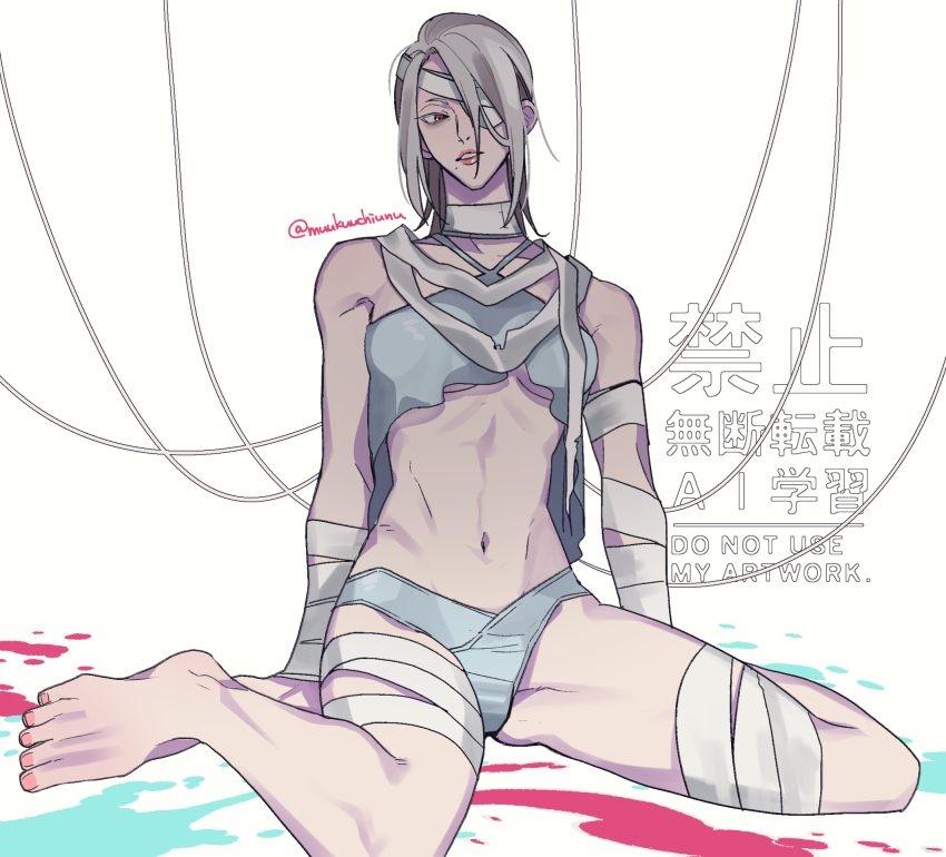 1girl a.k.i._(street_fighter) bandage_over_one_eye bandaged_arm bandaged_leg bandages barefoot bikini breasts highres looking_to_the_side mole mole_under_mouth muukuuchiunu navel official_alternate_costume official_alternate_hairstyle parted_lips red_eyes sitting solo stomach street_fighter street_fighter_6 swimsuit toned toned_female underboob