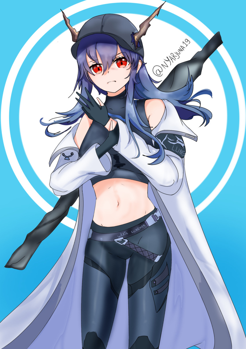 1girl absurdres arknights bare_shoulders baseball_cap belt black_belt black_gloves black_hat black_shirt blue_archive blue_background blue_hair blue_pants ch&#039;en_(arknights) coat commentary_request cosplay cowboy_shot crop_top dragon_horns gloves hair_between_eyes hat highres horns horns_through_headwear ishigami_shizuka leggings long_hair looking_at_viewer midriff navel nyarjuna off_shoulder open_clothes open_coat pants red_eyes saori_(blue_archive) saori_(blue_archive)_(cosplay) shirt sleeveless sleeveless_shirt solo standing stomach thighs voice_actor_connection white_coat