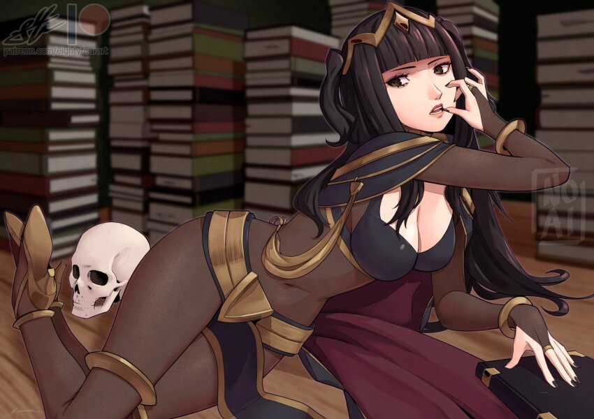 1girl bodystocking book breasts cape cleavage covered_navel curvy eightyfourart female_focus fire_emblem fire_emblem_awakening full_body high_heels highres large_breasts long_hair nail_polish nintendo pelvic_curtain skull solo tharja_(fire_emblem) wide_hips