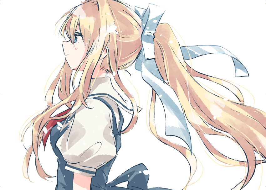 1girl air_(visual_novel) black_dress blonde_hair blue_eyes dress from_side highres kamio_misuzu looking_to_the_side matsuda_hikari neckerchief red_neckerchief ribbon solo solo_focus white_ribbon