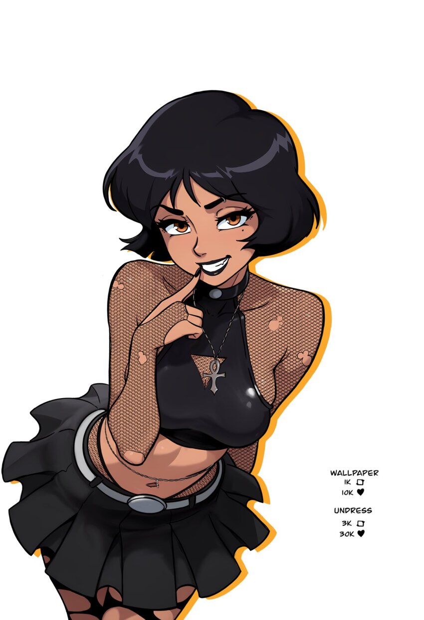 alex_(totally_spies) bare_shoulders belt black_hair black_lips black_skirt bob_cut breasts brown_eyes brown_skinned_female choker cleavage_cutout clothing_cutout crop_top fishnets frilled_skirt frills goth_fashion grin highres leggings medium_breasts navel short_hair silver_belt simple_background skirt smile teeth totally_spies white_background