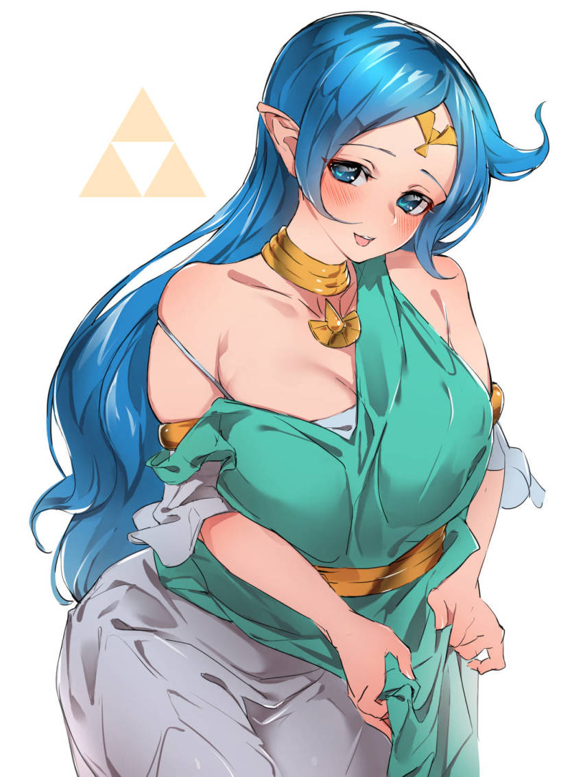 1girl armlet bare_shoulders blue_eyes blue_hair blush breasts choker clothes_pull collarbone dress dress_pull eyebrows female_focus head_tilt highres jewelry karan large_breasts long_hair looking_at_viewer lots_of_jewelry matching_hair/eyes nayru nintendo parted_bangs parted_lips pendant pointy_ears sidelocks simple_background smile solo standing strap_slip teeth the_legend_of_zelda the_legend_of_zelda:_oracle_of_ages tiara triforce upper_teeth_only very_long_hair white_background