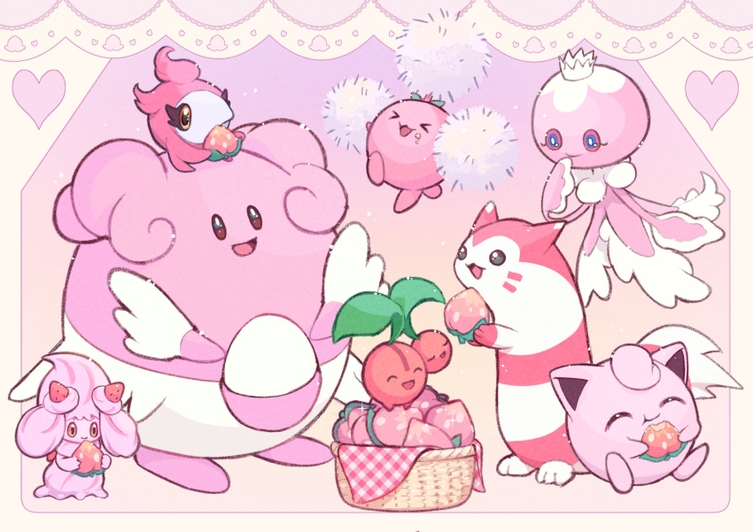 &gt;_&lt; alcremie alcremie_(ruby_swirl) alternate_color basket berry_(pokemon) blissey blue_eyes cherubi closed_eyes closed_mouth commentary eating frillish frillish_(female) furret gen_1_pokemon gen_2_pokemon gen_4_pokemon gen_5_pokemon gen_6_pokemon gen_8_pokemon heart highres holding jigglypuff jumpluff nintendo osaki_makura pecha_berry pink_eyes pink_theme pokemon pokemon_(creature) shiny_pokemon sitting smile spritzee