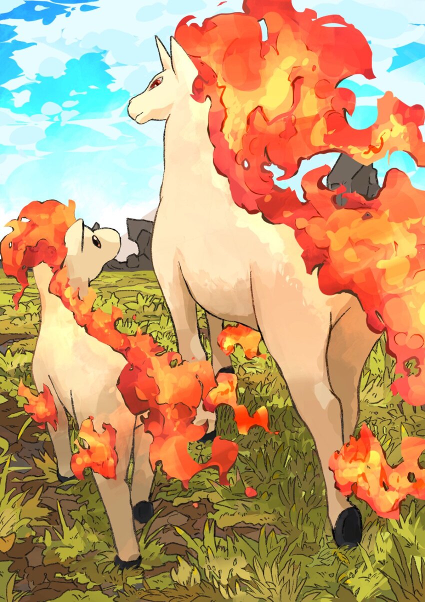 aomon_(yuuji7604) back burning cloud creature creature_focus dirt fiery_hair fire gen_1_pokemon grass highres hooves horns horse looking_at_another nintendo no_humans outdoors pokemon pokemon_(creature) pokemon_focus ponyta rapidash single_horn size_difference sky unicorn walking