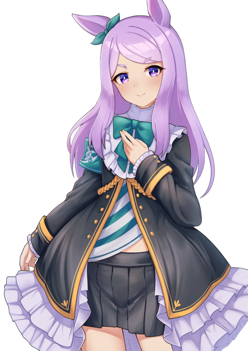 1girl animal_ears armband black_coat black_skirt blush bow bowtie closed_mouth coat cowboy_shot ear_bow hand_on_own_chest highres horse_ears jacy long_hair long_sleeves looking_at_viewer mejiro_mcqueen_(umamusume) midriff_peek shirt simple_background skirt smile solo striped_clothes striped_shirt thick_eyebrows umamusume white_background