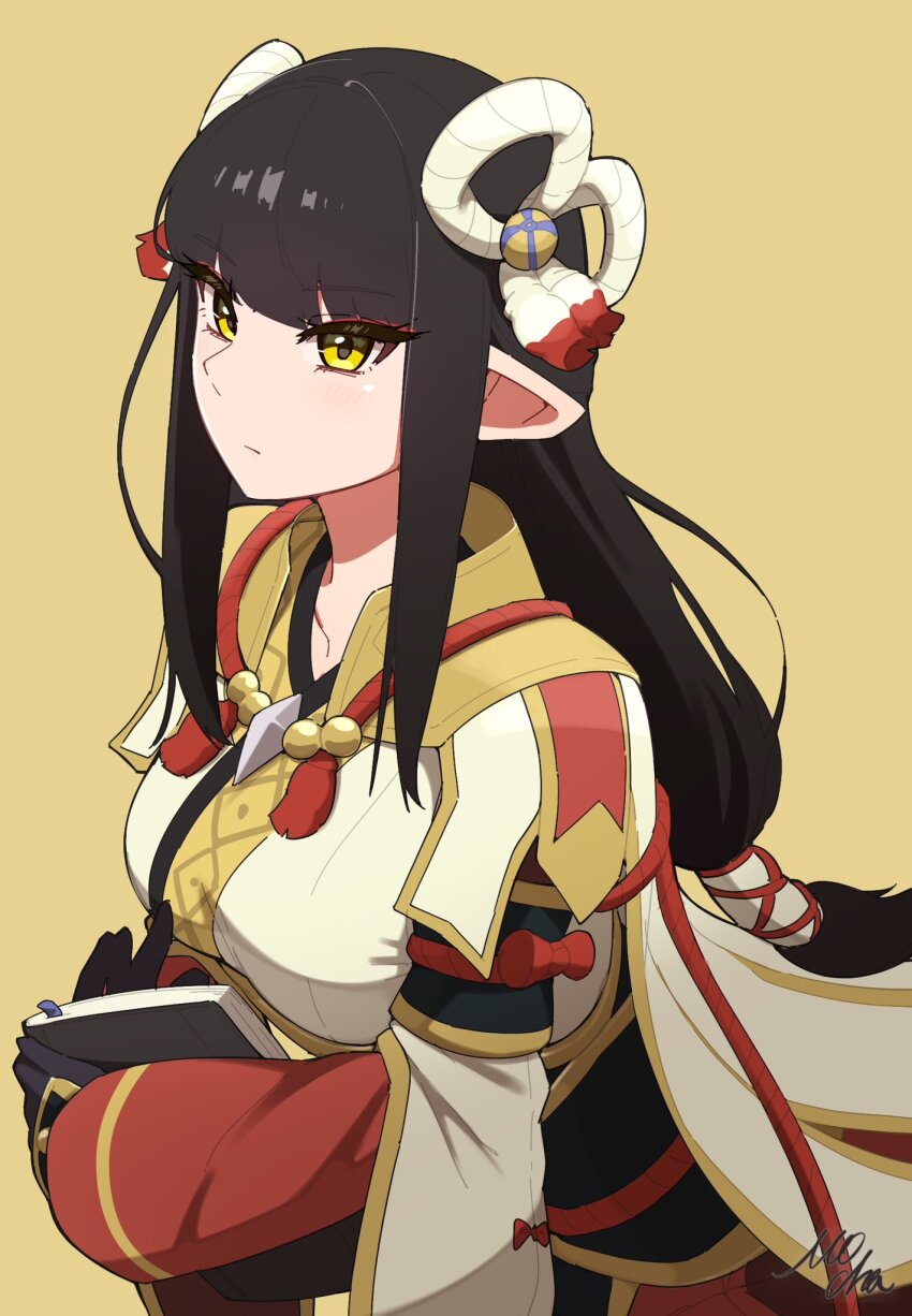 1girl black_gloves black_hair blunt_bangs book closed_mouth commentary_request expressionless gloves hair_ornament highres holding holding_book japanese_clothes long_hair looking_at_viewer minoto mocha_mh monster_hunter_(series) monster_hunter_rise pointy_ears signature simple_background solo wide_sleeves yellow_background yellow_eyes