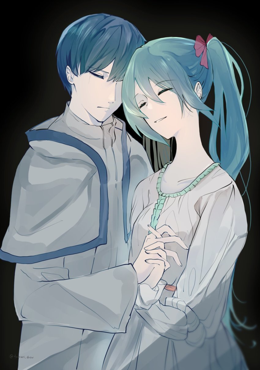 1boy 1girl adam_moonlit aqua_hair blue_hair cheek-to-cheek collar collarbone couple crying dress eve_moonlit evillious_nendaiki frilled_collar frilled_dress frilled_sleeves frills hair_between_eyes hatsune_miku heads_together hetero highres holding_hands interlocked_fingers kaito_(vocaloid) lab_coat long_hair long_sleeves ma_keikaku_(vocaloid) muted_color pale_skin pleated_dress short_hair sidelocks streaming_tears tears tomari_drew twintails very_long_hair vocaloid white_dress