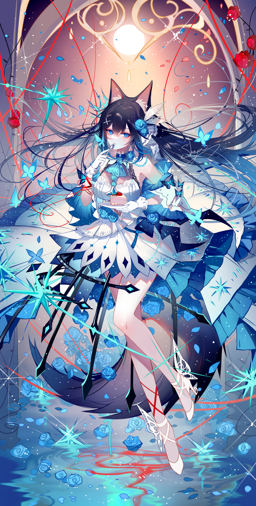 1girl absurdres animal_ear_fluff animal_ears bare_legs black_hair blue_eyes cake cat_ears character_request commentary_request copyright_request detached_sleeves dress food gloves highres holding holding_plate long_hair plate sheya shoes solo very_long_hair white_dress white_gloves white_shoes