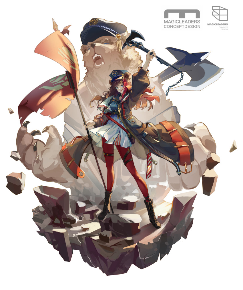 1girl absurdres animal_ears arknights axe bear bear_claws bear_ears black_boots black_choker black_jacket blue_eyes blue_shirt boots bottle brown_hair chain choker er-ch flag hat highres holding holding_axe holding_flag holding_weapon huge_filesize jacket logo long_hair long_sleeves looking_at_viewer miniskirt multicolored_hair off_shoulder official_alternate_costume open_clothes open_jacket pantyhose peaked_cap red_hair red_pantyhose shirt simple_background skirt solo standing streaked_hair ursus_empire_logo weapon white_background white_skirt zima_(arknights) zima_(ready_to_go)_(arknights)