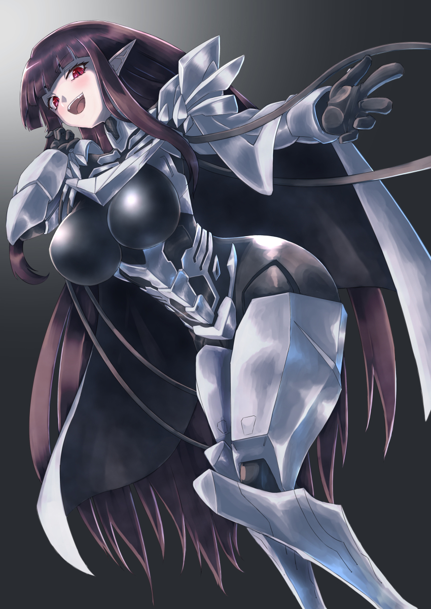 1girl absurdres alternate_costume armor black_hair blunt_bangs breasts cape commission cosplay fate_(series) feet_out_of_frame gloves high_school_dxd highres large_breasts long_hair masakatsu_(xg-70b) nikkusu odysseus_(fate) odysseus_(fate)_(cosplay) pixiv_commission pointy_ears red_eyes sidelocks slit_pupils very_long_hair