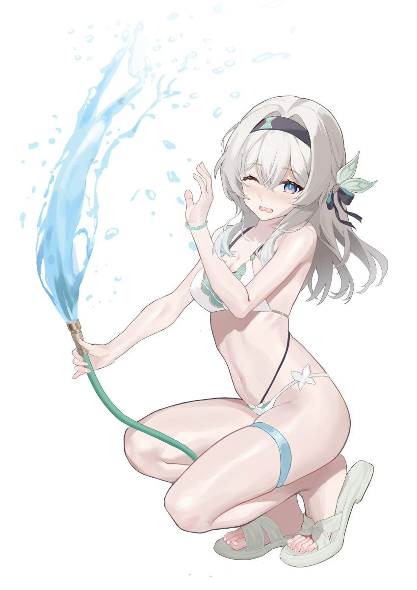 1girl absurdres bikini black_hairband blush breasts cleavage commentary_request firefly_(honkai:_star_rail) full_body grey_hair hairband highres holding holding_hose honkai:_star_rail honkai_(series) hose long_hair looking_at_viewer navel one_eye_closed sandals senbonsang simple_background solo squatting swimsuit water wavy_mouth white_background white_bikini
