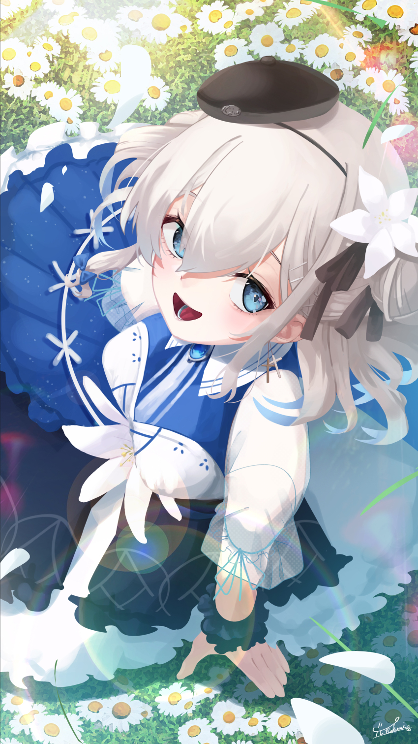 1girl :d absurdres beret blue_dress blue_eyes bustier commentary dandelion double-parted_bangs dress field floral_background flower flower_field frilled_skirt frills from_above hair_flower hair_ornament hair_ribbon hat highres indie_virtual_youtuber long_bangs one_side_up open_mouth ribbon scrunchie see-through_clothes see-through_sleeves sitting skirt smile solo virtual_youtuber white_hair wrist_scrunchie yurakusai